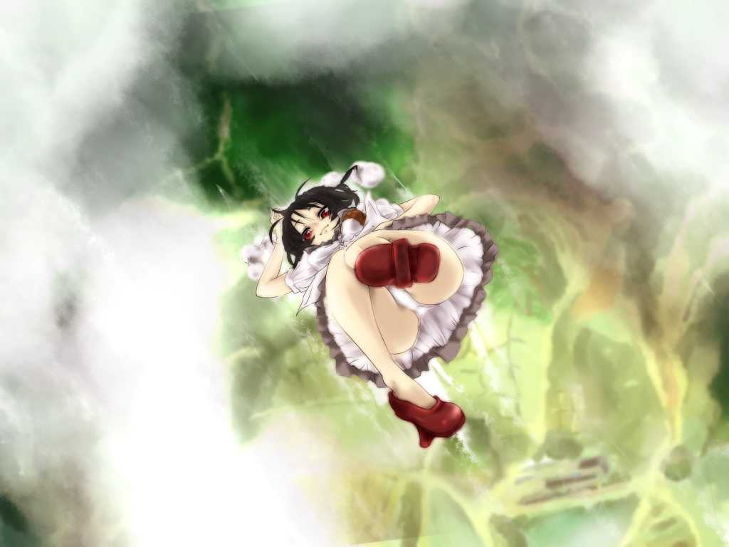corocoma, shameimaru aya, touhou, 1girl, black hair, female focus, from above, geta, looking at viewer, panties, pantyshot, red eyes, short hair, solo, tengu-geta, underwear, upside-down, upskirt, white panties