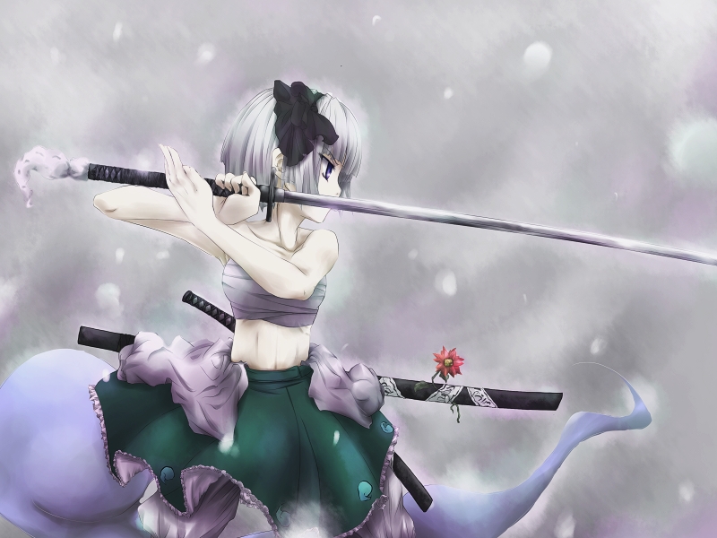 corocoma, konpaku youmu, konpaku youmu (ghost), touhou, silver hair, 1girl, armpits, bare shoulders, blue eyes, chest sarashi, female focus, fighting stance, flower, hairband, hitodama, katana, midriff, ribbon, sarashi, sheath, short hair, snow, solo, sword, sword on back, weapon, weapon on back