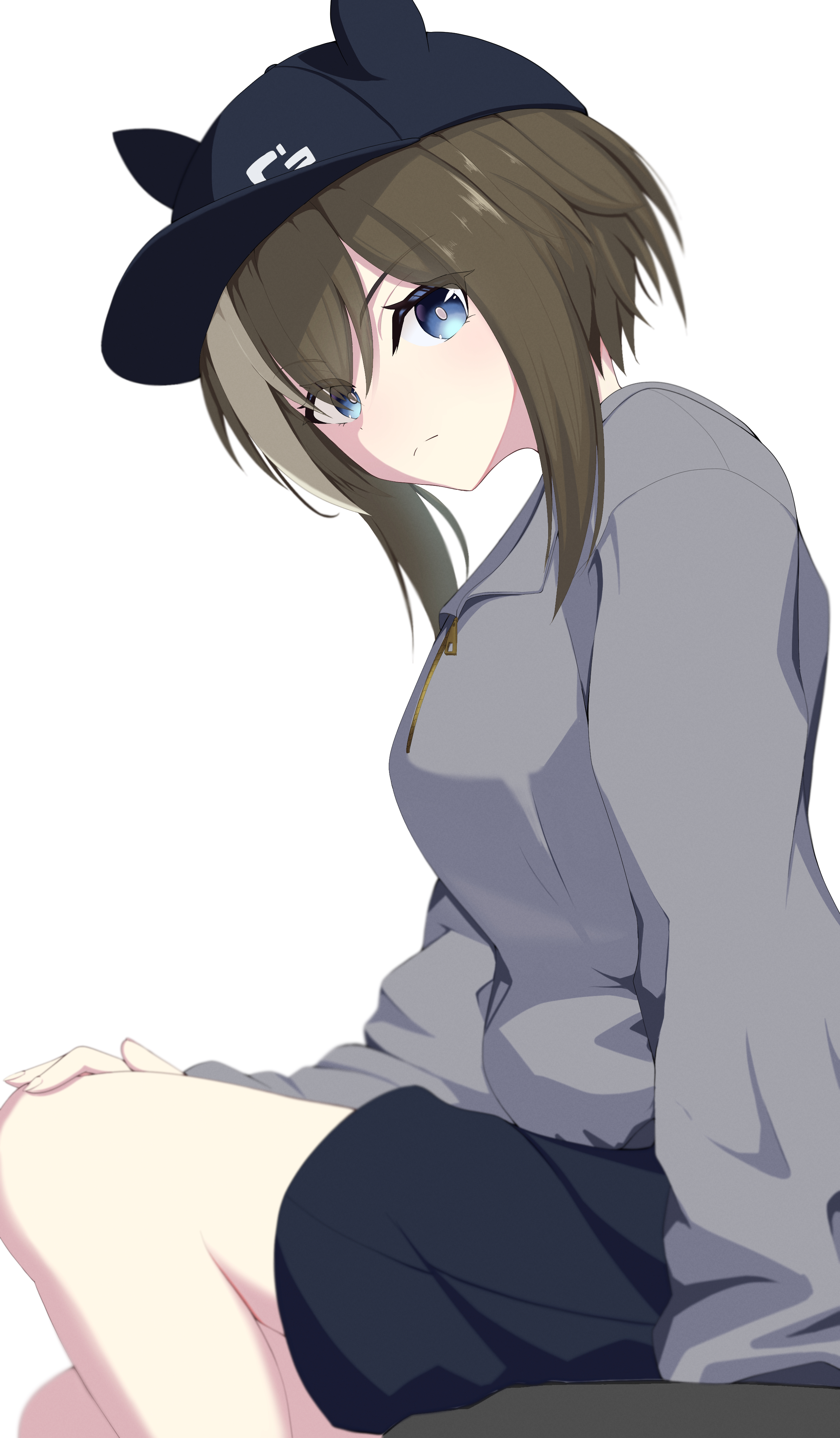 mog (user mtvk5888), cheval grand (boc'z) (umamusume), cheval grand (umamusume), umamusume, absurdres, highres, 1girl, animal ears, baseball cap, black hat, black shorts, blue eyes, boc'z (umamusume), brown hair, ears through headwear, from side, grey shirt, hair between eyes, hat, horse ears, horse girl, long sleeves, looking at viewer, looking to the side, multicolored hair, official alternate costume, shirt, shorts, simple background, sitting, solo, streaked hair, white background, white hair