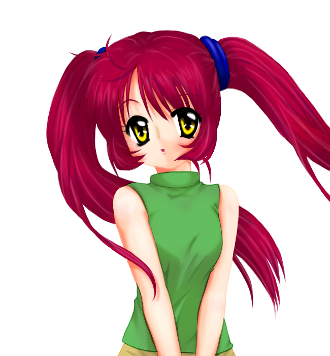 kotomi (artist), kotomi (happy colors), michiru (air), air (visual novel), 00s, 1girl, bare shoulders, female focus, red hair, sleeveless, sleeveless turtleneck, solo, turtleneck, twintails, yellow eyes