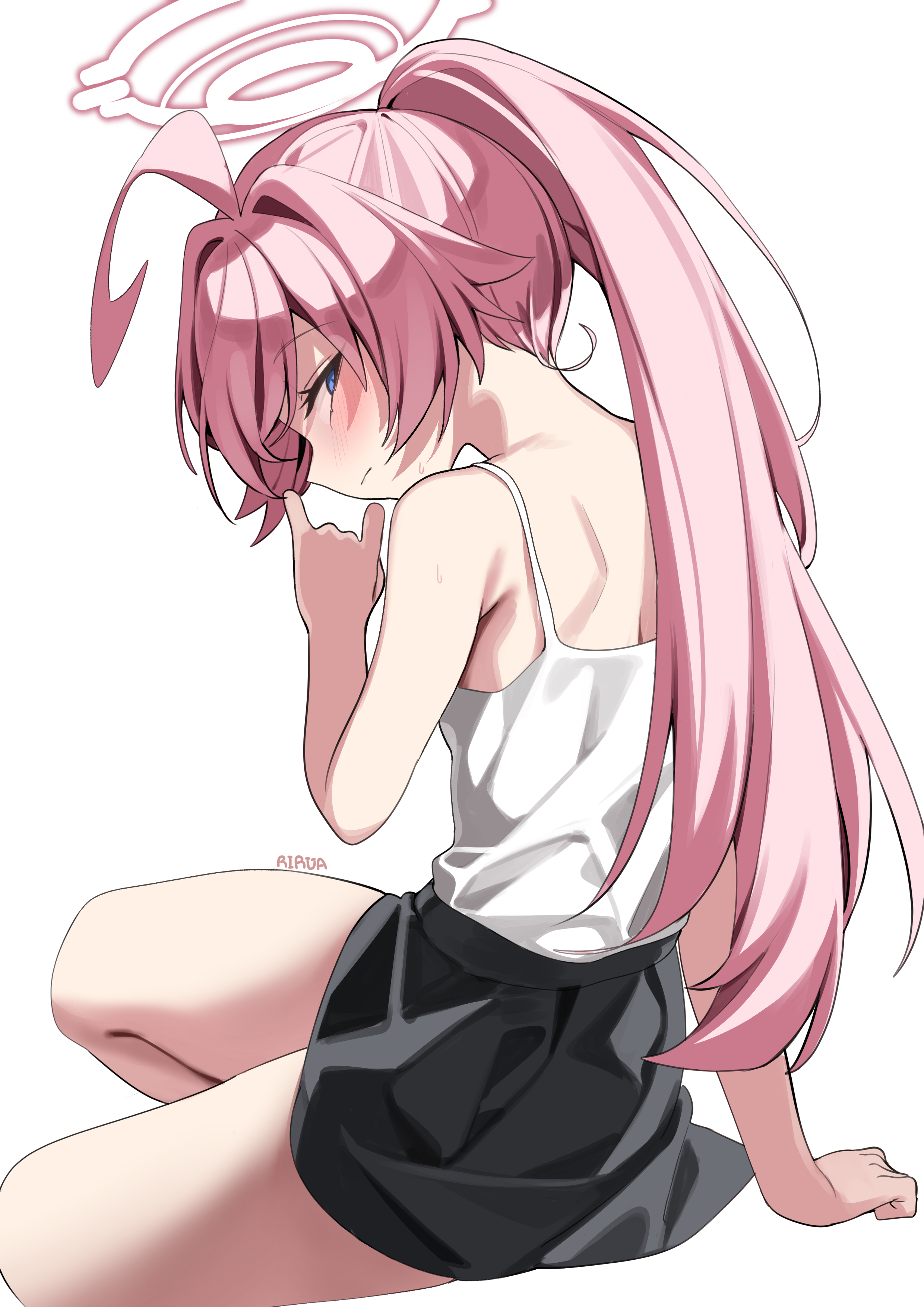 rirua (kjom802), hoshino (armed) (blue archive), hoshino (blue archive), blue archive, absurdres, highres, 1girl, ahoge, black skirt, blue eyes, closed mouth, halo, long hair, looking at viewer, ponytail, simple background, sitting, skirt, solo, white background, white halo