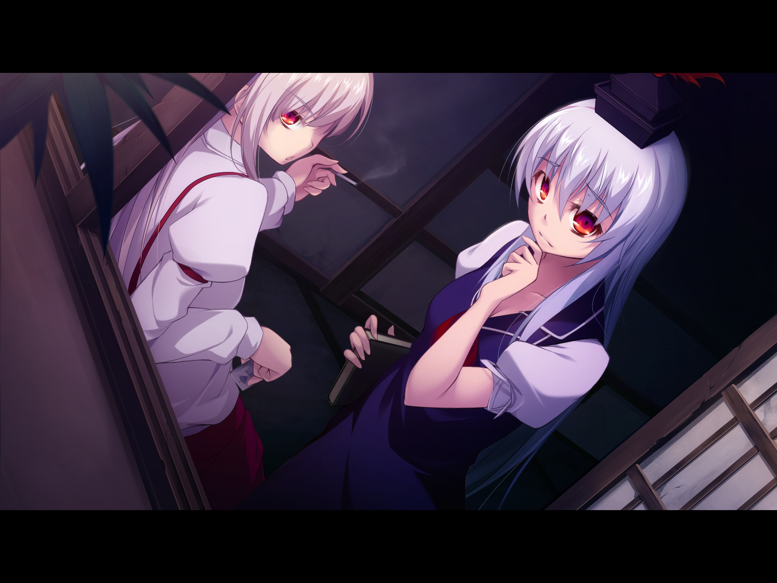 hinoeya kiuri, kazakura, fujiwara no mokou, kamishirasawa keine, touhou, silver hair, highres, 2girls, against wall, bad anatomy, bad hands, blue hair, book, cigarette, dutch angle, female focus, hat, letterboxed, lighter, multiple girls, night, poorly drawn, red eyes, smoke, smoking, window, worried