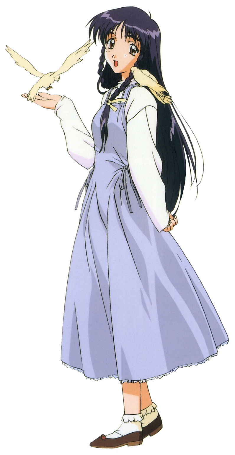 highres, non-web source, bird, black hair, braid, brown eyes, dress, long hair, simple background, solo, twin braids, white background