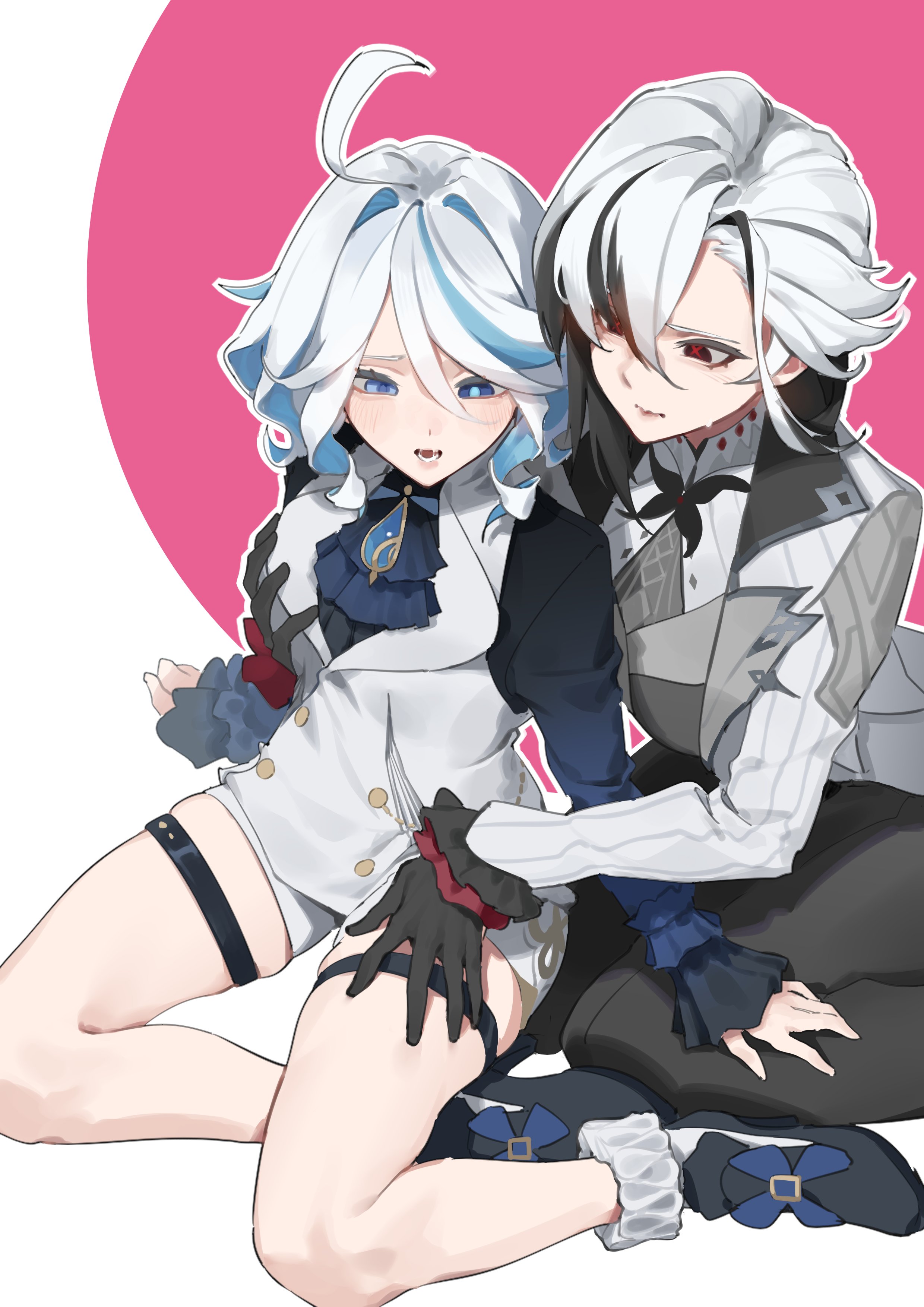 shui zhi pingshi, arlecchino (genshin impact), furina (genshin impact), genshin impact, absurdres, highres, 2girls, ahoge, aroused, black eyes, black hair, black hands, black pants, black shoes, blue eyes, blue hair, blue shirt, bush, closed mouth, colored extremities, frilled sleeves, frills, grabbing another's breast, groping, hand on another's thigh, jacket, long hair, medium hair, multicolored hair, multiple girls, open mouth, pants, red pupils, saliva, shirt, shoes, short shorts, shorts, simple background, sitting, sweatdrop, symbol-shaped pupils, teeth, thigh strap, thighs, tongue, two-tone hair, vest, wariza, white hair, white jacket, white shorts, white vest, x-shaped pupils, yuri