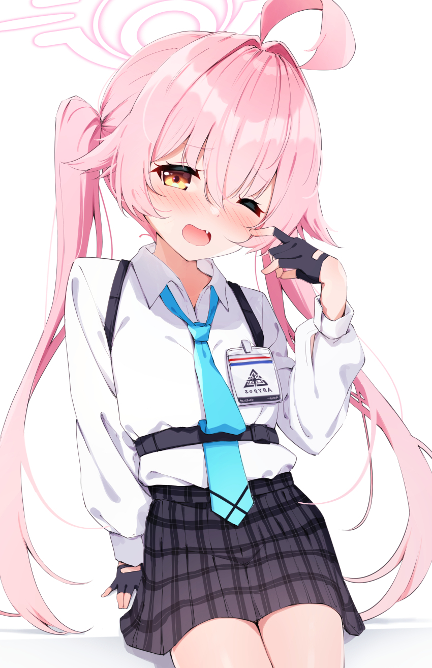 akasaki koyo, hoshino (blue archive), blue archive, commentary request, highres, 1girl, ;d, abydos high school logo, ahoge, alternate hairstyle, black gloves, black skirt, blue necktie, blush, collared shirt, cowboy shot, fang, fingerless gloves, gloves, hair intakes, halo, hand up, huge ahoge, id card, index finger raised, long hair, long sleeves, looking at viewer, miniskirt, necktie, nose blush, one eye closed, open mouth, pink hair, pink halo, plaid clothes, plaid skirt, puffy long sleeves, puffy sleeves, school uniform, scratching cheek, shirt, shy, sidelocks, simple background, skirt, smile, solo, twintails, very long hair, white background, white shirt, yellow eyes