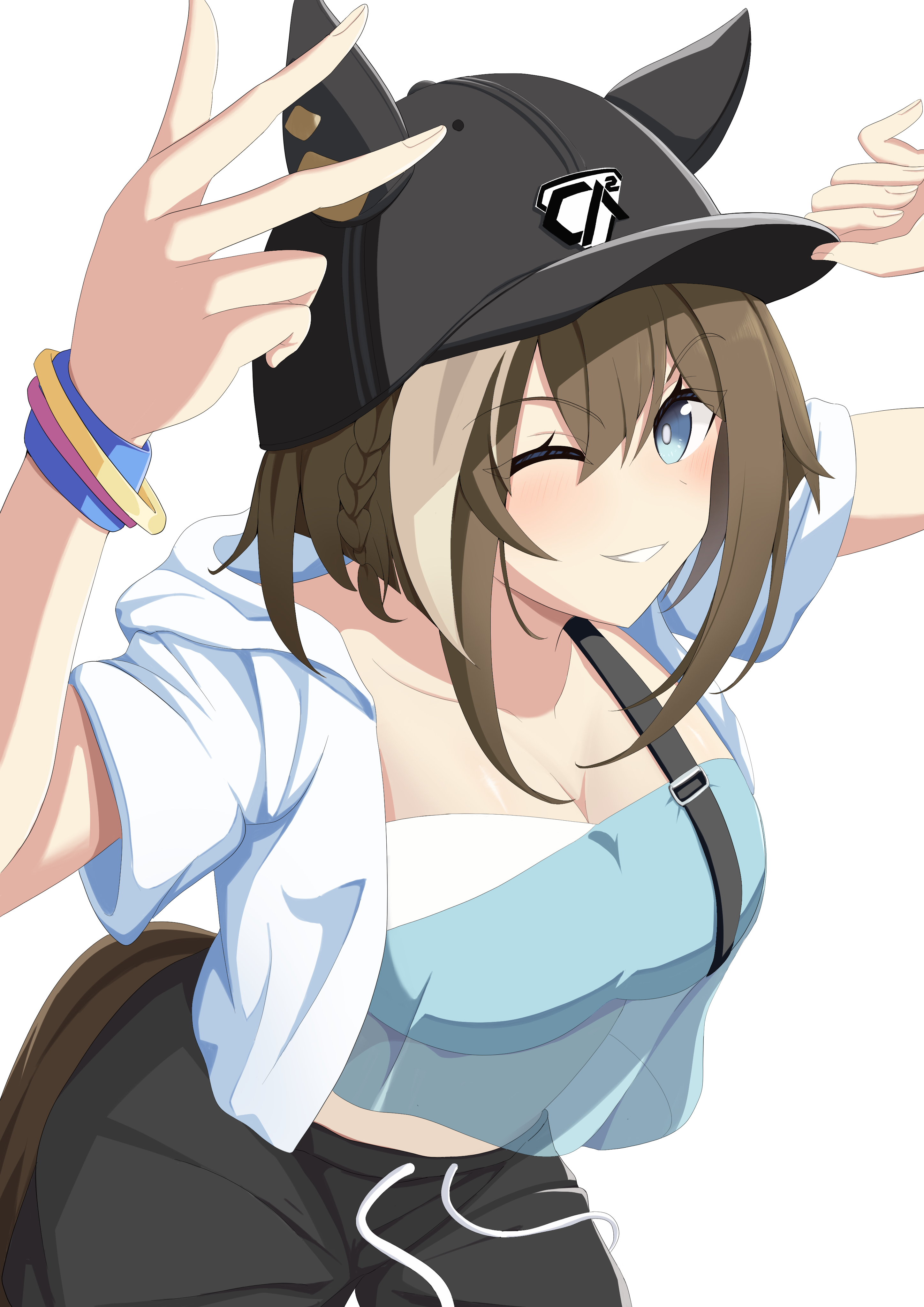 mog (user mtvk5888), cheval grand (umamusume), umamusume, absurdres, highres, 1girl, ;), animal ears, baseball cap, black hat, black shorts, blue eyes, braid, breasts, brown hair, cleavage, ears through headwear, hat, horse ears, horse girl, large breasts, long hair, looking at viewer, midriff, official alternate costume, official alternate hairstyle, one eye closed, shorts, simple background, smile, solo, white background