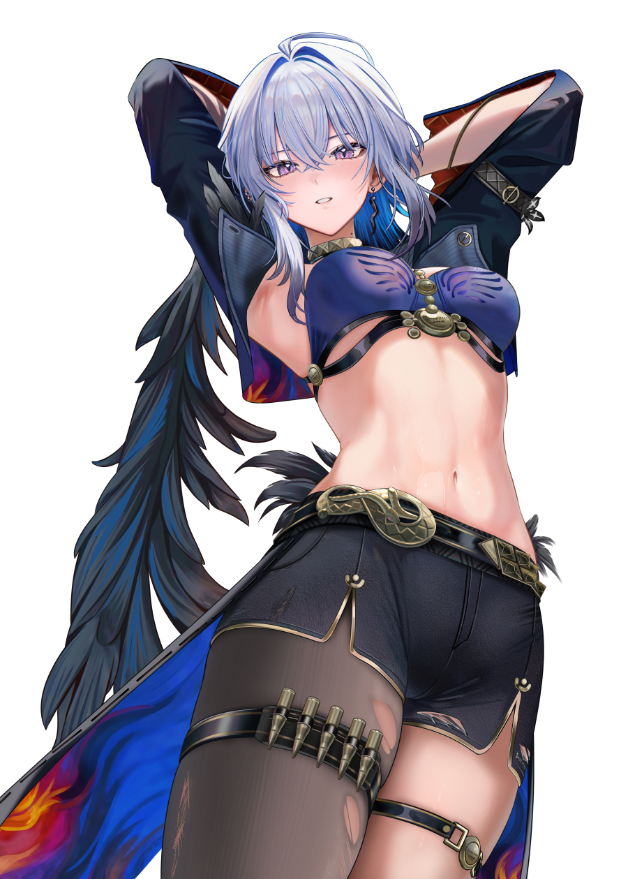 ru zhai, galbrena (wuthering waves), wuthering waves, commentary, highres, paid reward available, symbol-only commentary, 1girl, armpits, arms up, black jacket, black pantyhose, black shorts, blue bra, blue hair, blush, bra, breasts, colored inner hair, cropped jacket, earrings, grey hair, hair between eyes, hair intakes, jacket, jewelry, looking at viewer, medium breasts, medium hair, multicolored hair, navel, pantyhose, parted lips, purple eyes, shorts, simple background, single leg pantyhose, smile, solo, stomach, sweat, thighlet, thighs, torn clothes, torn pantyhose, underwear, white background