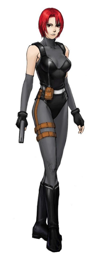 regina (dino crisis), capcom, dino crisis, official art, 1girl, bare shoulders, bodysuit, boots, breasts, elbow gloves, female focus, fingerless gloves, gloves, gun, red eyes, red hair, semi-automatic pistol, short hair, skin tight, solo, spandex, thigh strap, weapon