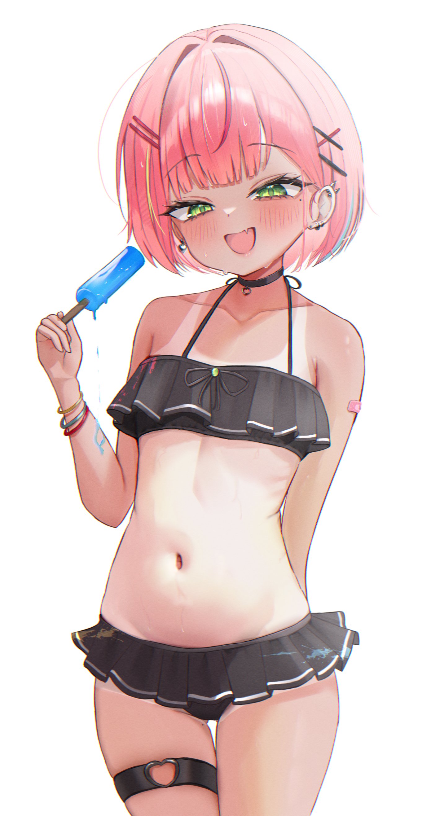hanako nana, stellive, absurdres, commentary request, highres, korean commentary, variant set, 1girl, aqua streaks, arm at side, bandaid, bandaid on arm, bikini, bikini skirt, black bikini, blush, bob cut, bracelet, collarbone, cowboy shot, earclip, earrings, eyelashes, fang, flat chest, food, frilled bikini, frills, gamble 0, green eyes, green streaks, hair intakes, hair ornament, hairclip, hand up, holding, holding food, holding popsicle, jewelry, melting popsicle, multicolored hair, navel, open mouth, paint on clothes, paint splatter, parallel hairclips, petite, pink hair, pink streaks, popsicle, short hair, simple background, skin fang, smile, solo, standing, stomach, streaked hair, stud earrings, sweat, swimsuit, tan, tanline, thigh gap, thigh strap, virtual youtuber, white background, x hair ornament