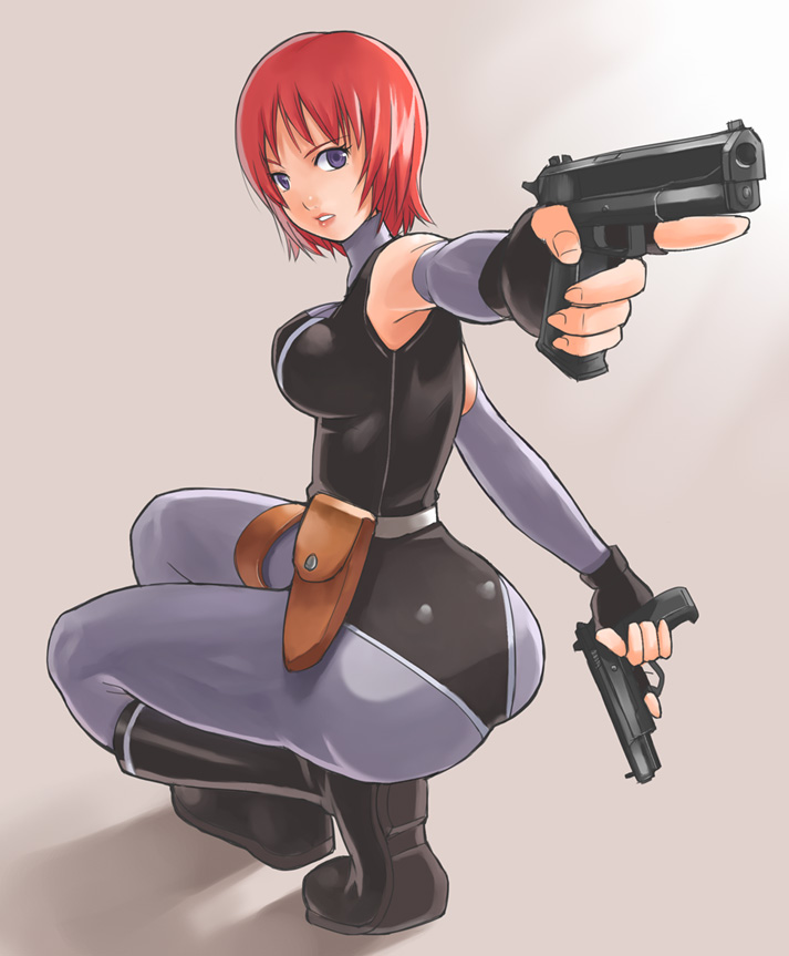 nagase haruhito, regina (dino crisis), capcom, dino crisis, 1girl, ass, bodysuit, boots, breasts, detached sleeves, dual wielding, female focus, fingerless gloves, gloves, gun, handgun, holding, holding gun, holding weapon, large breasts, looking back, parted lips, pistol, purple eyes, purple hair, red hair, semi-automatic pistol, short hair, skin tight, solo, spandex, trigger discipline, weapon