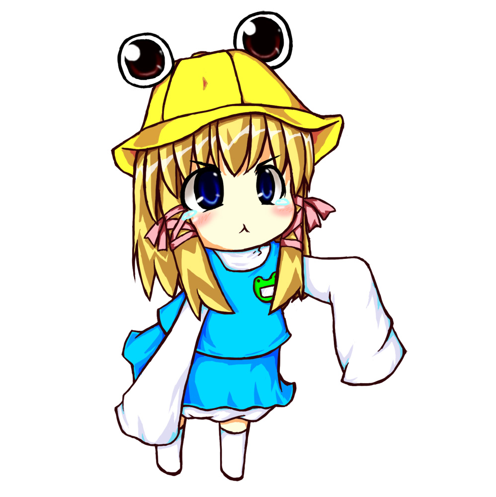 tomonekomata, moriya suwako, pyonta, touhou, 1girl, :<, adapted costume, aged down, alternate costume, blonde hair, blue hair, blush, chibi, female focus, hair ribbon, hat, kindergarten, kindergarten uniform, long sleeves, oversized clothes, pout, ribbon, school hat, school uniform, short hair, simple background, solo, tears, white background