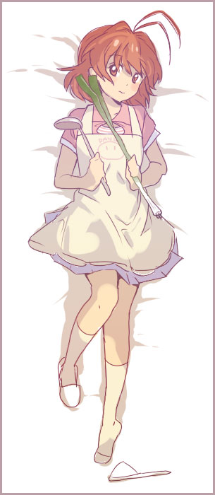 tei ichi, furukawa nagisa, clannad, dango daikazoku, bad id, bad pixiv id, 00s, antenna hair, apron, brown eyes, brown hair, dango, food, ladle, lying, short hair, slippers, socks, solo, spring onion, wagashi
