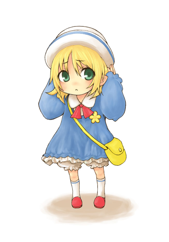 rinsan (nametake), mizuhashi parsee, touhou, bad id, bad pixiv id, 1girl, adjusting clothes, adjusting headwear, aged down, alternate costume, bag, blonde hair, bloomers, female focus, green eyes, hat, kindergarten, kindergarten uniform, school bag, school hat, school uniform, short hair, solo, underwear, white bloomers