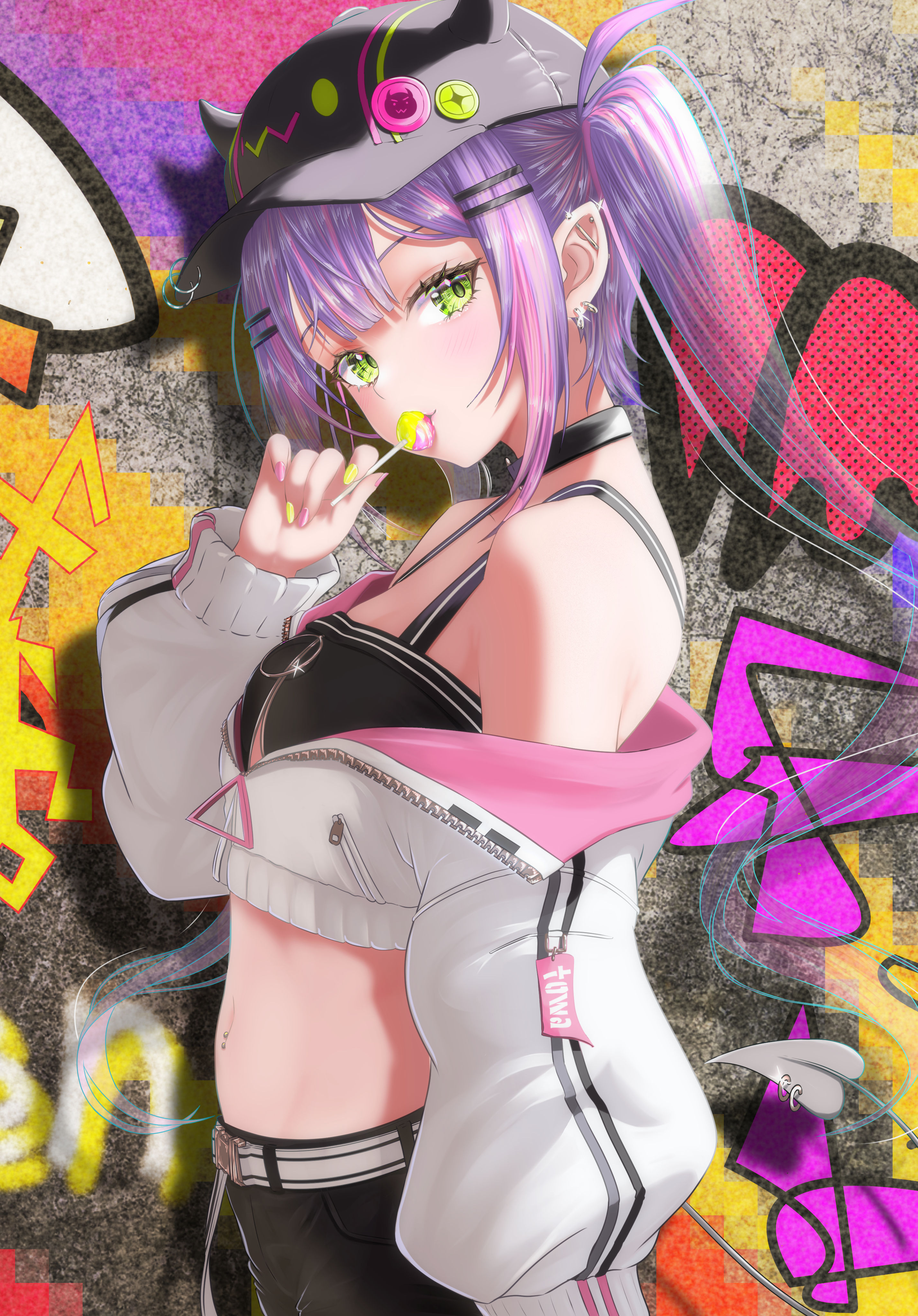 nanaki24, bibi (tokoyami towa), tokoyami towa, tokoyami towa (1st costume), hololive, absurdres, commentary request, highres, 1girl, bare shoulders, belt, black choker, black shirt, breasts, candy, choker, cowboy shot, crop top, cropped jacket, ear piercing, food, from side, green eyes, hair ornament, hairclip, hand up, holding, holding candy, holding food, holding lollipop, horned hat, jacket, lollipop, long hair, long sleeves, looking at viewer, looking to the side, midriff, multicolored hair, nail polish, navel, navel piercing, off-shoulder jacket, off shoulder, piercing, pointy ears, purple hair, shirt, sidelocks, sleeveless, sleeveless shirt, small breasts, solo, stomach, streaked hair, twintails, virtual youtuber, white jacket