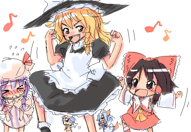 mayuge inu, hakurei reimu, izayoi sakuya, kirisame marisa, patchouli knowledge, remilia scarlet, touhou, 5girls, aged down, chasing, chibi, dancing, female focus, hat, multiple girls, musical note, oekaki, quaver, witch, witch hat