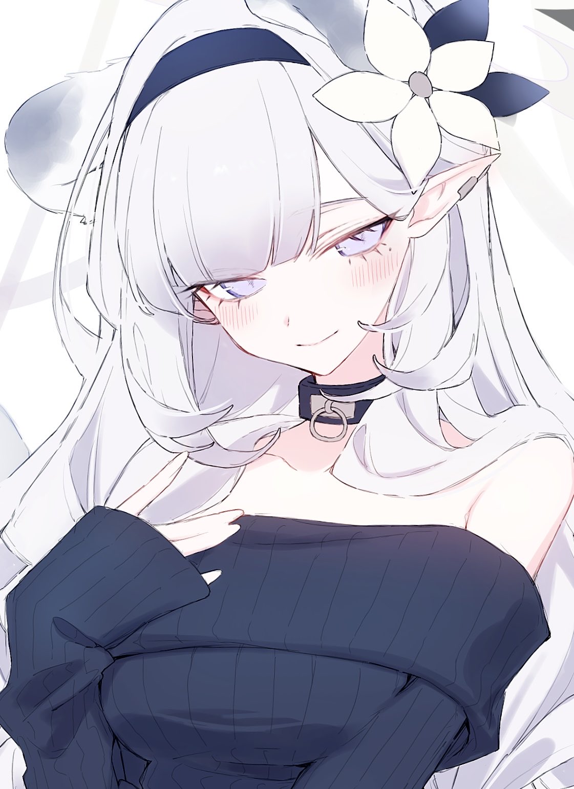 hk nnm, himari (blue archive), blue archive, highres, 1girl, bare shoulders, black choker, blue hairband, blue ribbon, blue sweater, blush, choker, closed mouth, flower, hair flower, hair ornament, hair ribbon, hairband, long hair, looking at viewer, off-shoulder sweater, off shoulder, pointy ears, purple eyes, ribbon, sleeves past wrists, smile, solo, sweater, white flower, white hair