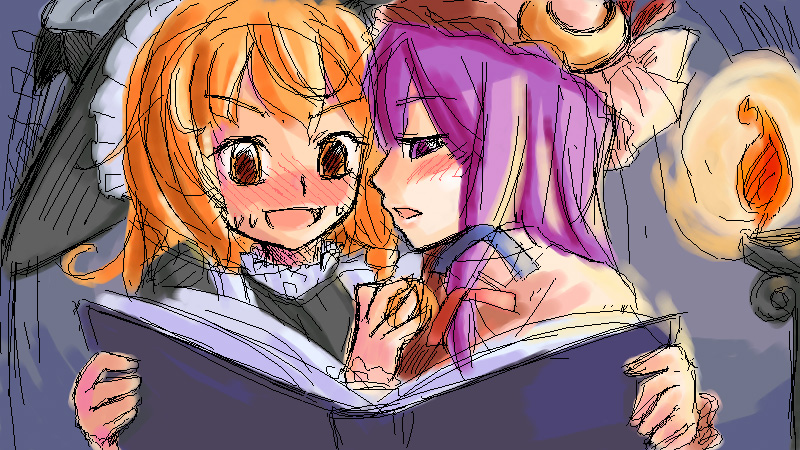 mayuge inu, kirisame marisa, patchouli knowledge, touhou, photoshop (medium), 2girls, blonde hair, blush, book, braid, crescent hat ornament, female focus, hat, hat ornament, indoors, long hair, multiple girls, oekaki, open book, purple eyes, purple hair, reading, upper body, witch, witch hat, yellow eyes