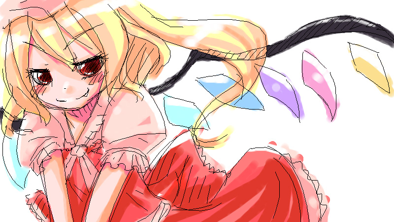 mayuge inu, flandre scarlet, touhou, 1girl, blonde hair, blouse, fang, female focus, oekaki, red eyes, shirt, solo, white background, white shirt, wings