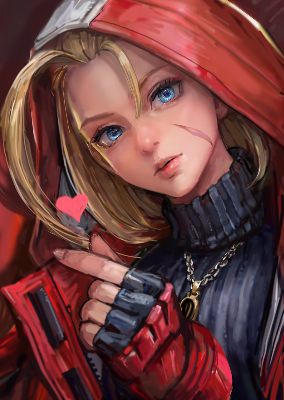 miche, cammy white, street fighter, street fighter 6, highres, 1girl, ahoge, blonde hair, blue eyes, eyelashes, finger heart, fingerless gloves, gloves, hood, hooded jacket, jacket, jewelry, lips, looking at viewer, necklace, open clothes, open jacket, red jacket, scar, scar on face, solo, turtleneck