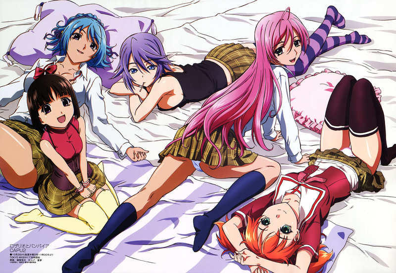 akashiya moka, kurono kurumu, sendou yukari, shirayuki mizore, shuzen kokoa, rosario+vampire, black legwear, striped, striped legwear, 5girls, breasts, cleavage, legs, lying, multiple girls, panties, school uniform, sitting, socks, thighhighs, thighs, underwear