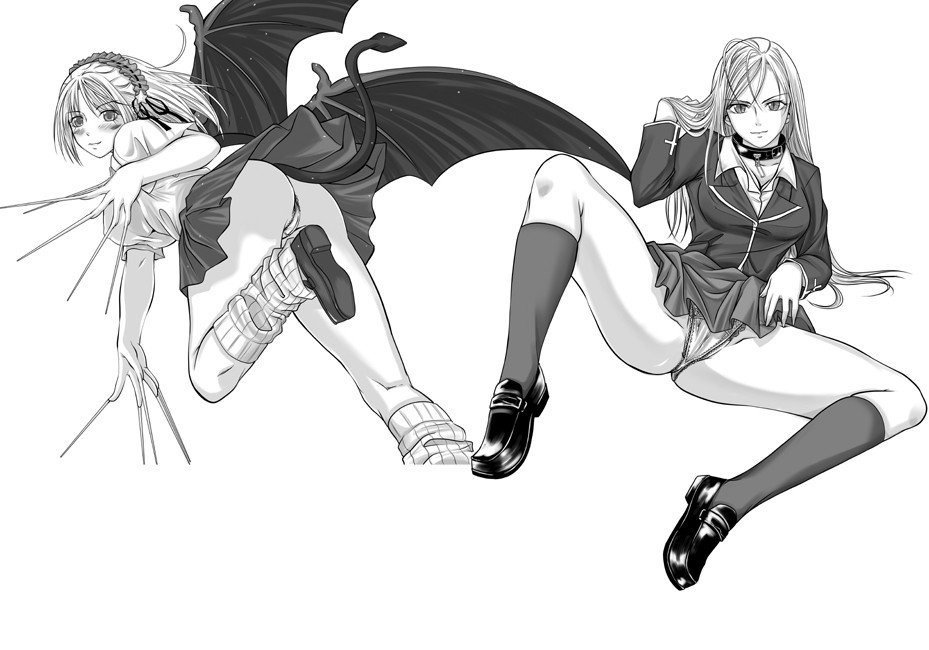arsenal, akashiya moka, kurono kurumu, rosario+vampire, 00s, 2girls, ass, claws, clothes lift, collar, demon girl, demon tail, demon wings, hair ornament, loose socks, multiple girls, panties, school uniform, skirt, skirt lift, socks, spread legs, tail, underwear, upskirt, wings