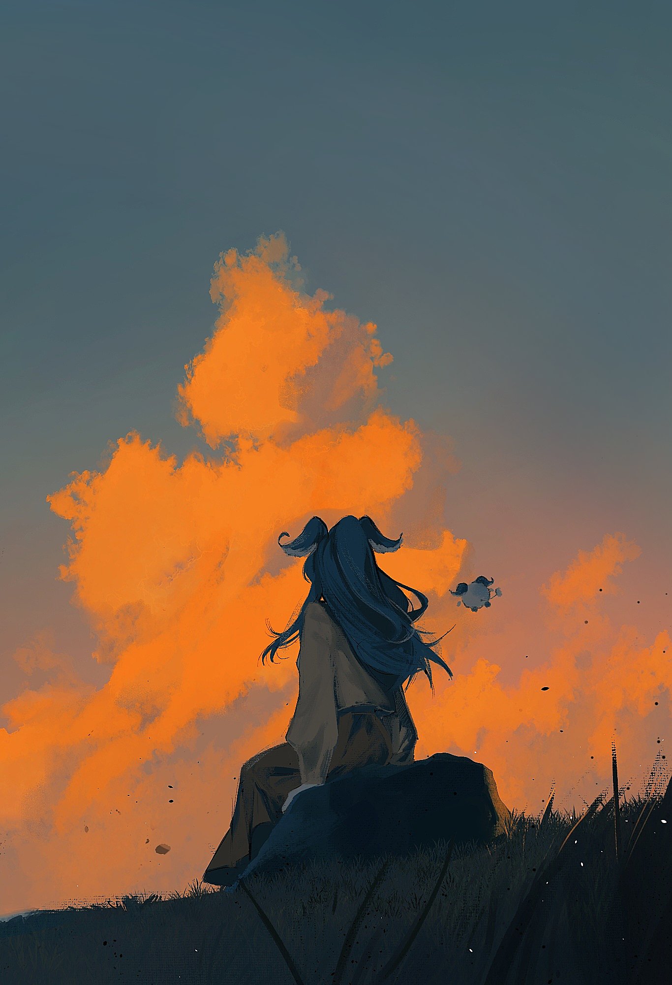 laari 000, elira pendora, elira pendora (3rd costume), weewa (elira pendora), nijisanji, nijisanji en, commentary, english commentary, highres, 1girl, blue hair, dusk, from behind, head wings, long hair, on rock, sitting, virtual youtuber, wings