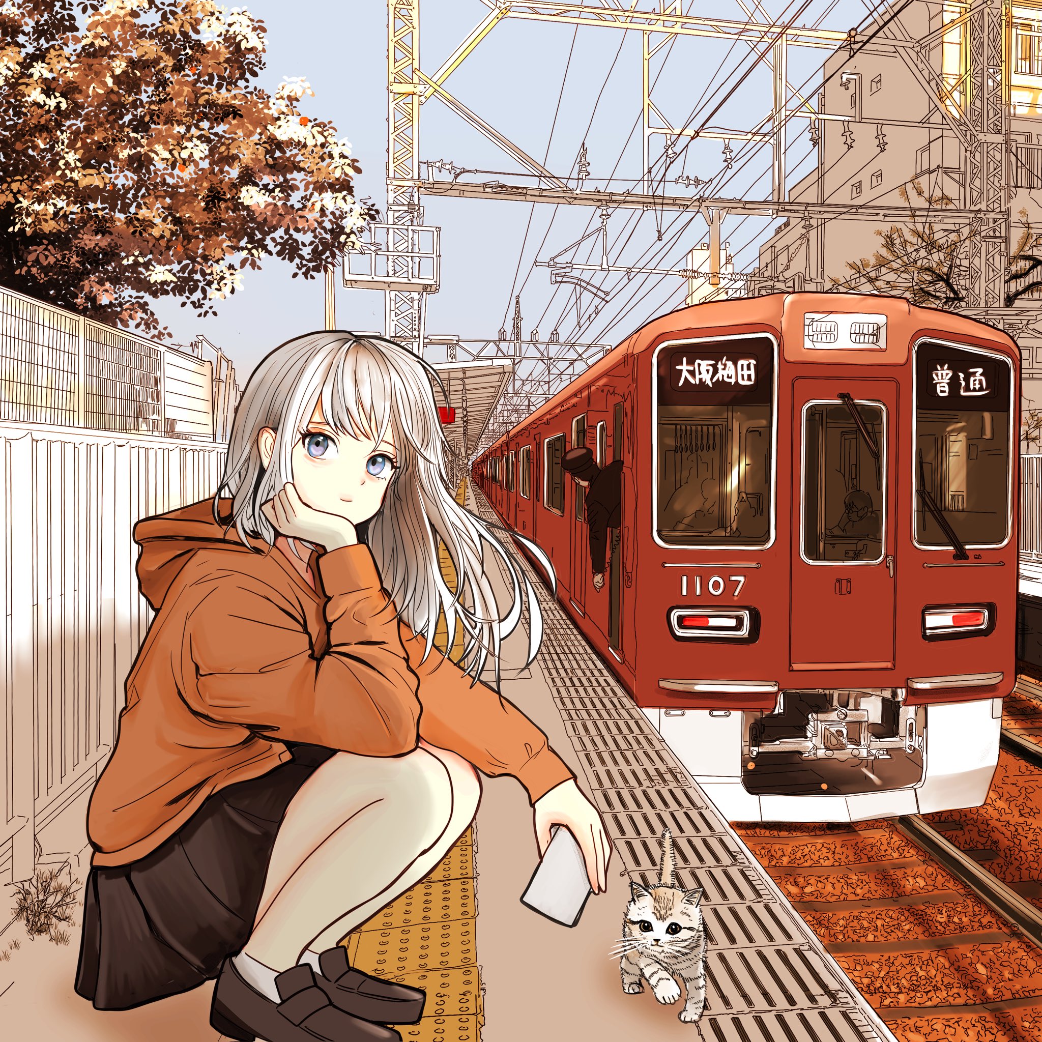 tanuuuuu3, original, commentary request, highres, 1boy, 1girl, autumn, black skirt, building, cat, day, hood, hoodie, loafers, long hair, looking at viewer, orange hoodie, outdoors, railroad tracks, shoes, skirt, socks, solo focus, squatting, train, train station platform, white hair, white socks