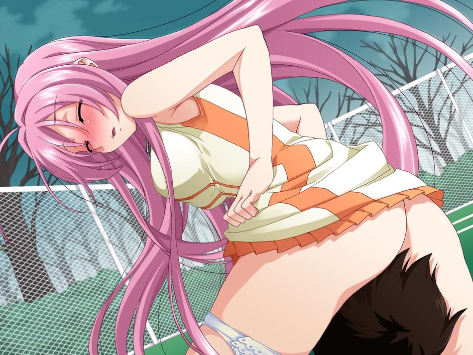 saipaco, akashiya moka, aono tsukune, rosario+vampire, 00s, 1girl, ass, blush, closed eyes, cunnilingus, face in crotch, girl on top, long hair, oral, panties, panties around leg, panty pull, pink hair, sitting, sitting on face, sitting on person, skirt, solo focus, sportswear, straddling, tennis uniform, underwear