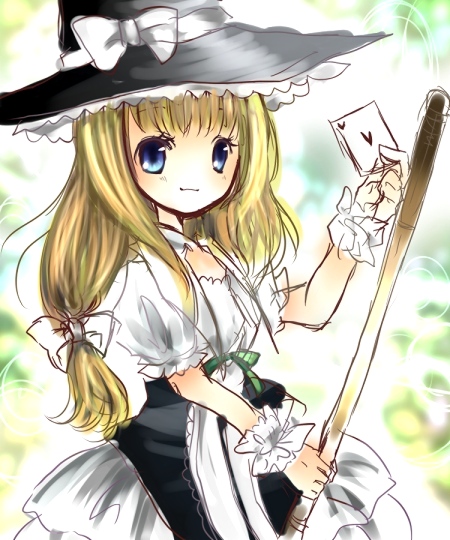 kohinata raichi, kirisame marisa, touhou, bad id, bad pixiv id, 1girl, blonde hair, blue eyes, broom, card, female focus, hat, holding, holding card, ribbon, solo, witch, witch hat, wrist cuffs
