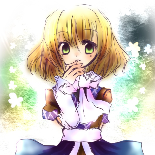 kohinata raichi, mizuhashi parsee, touhou, bad id, bad pixiv id, 1girl, blonde hair, female focus, green eyes, short hair, solo