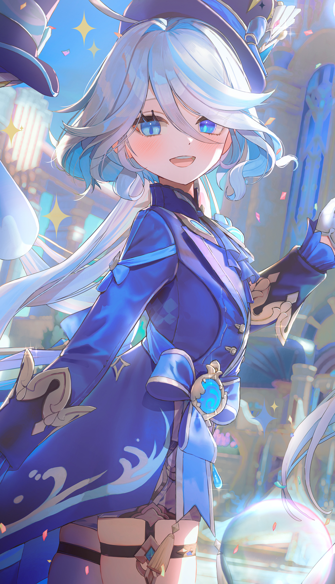 aengdohwa, furina (genshin impact), genshin impact, highres, 1girl, blue eyes, blue hat, blue jacket, blush, coattails, cowboy shot, day, drop-shaped pupils, from side, gloves, grey hair, hat, heterochromia, jacket, long hair, looking at viewer, open mouth, outdoors, shorts, solo, symbol-shaped pupils, teeth, thigh strap, top hat, turning head, upper teeth only, wavy hair, white gloves, white shorts