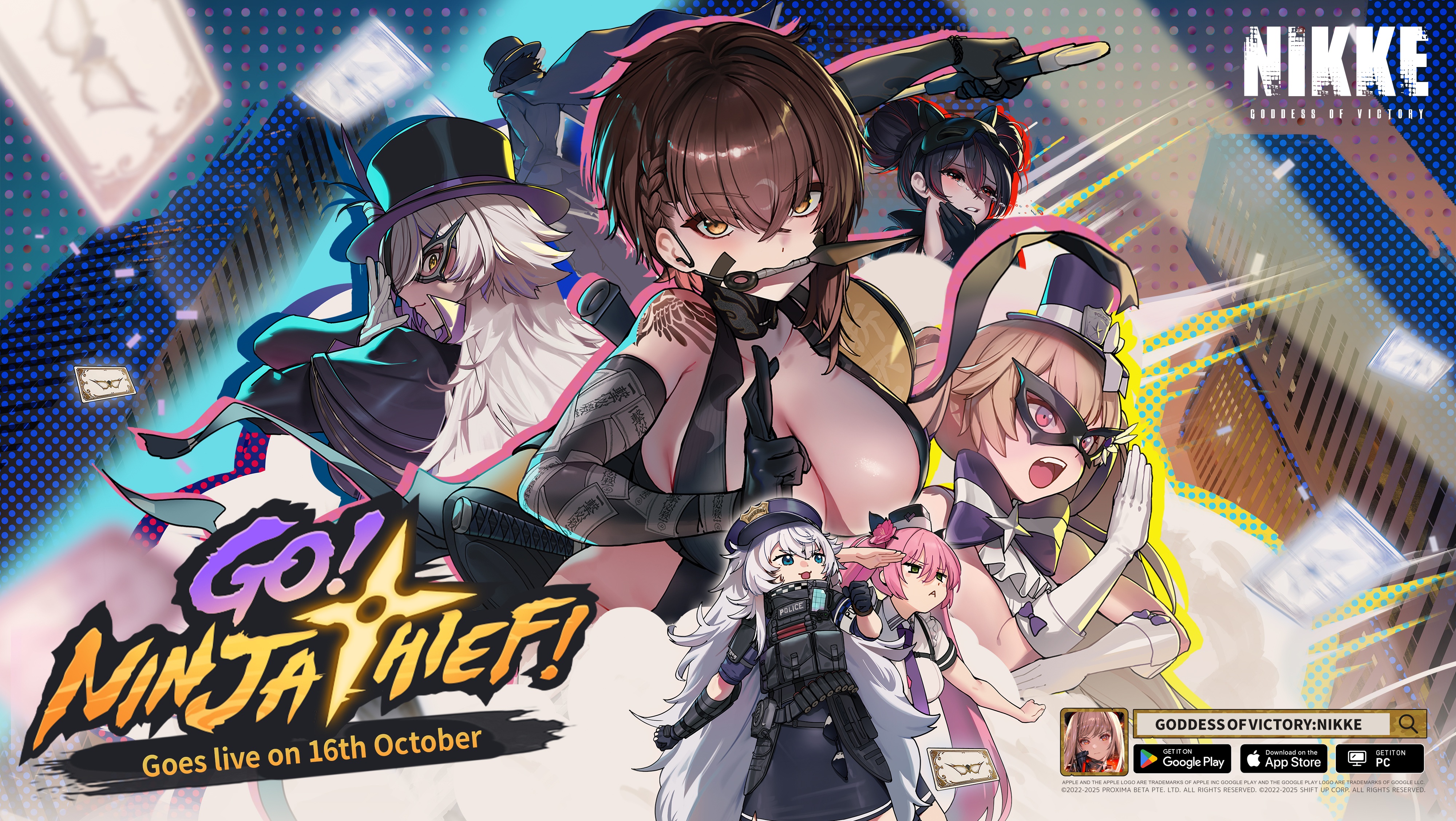 commander (nikke), delta (nikke), delta (ninja thief) (nikke), phantom (nikke), poli (nikke), quency (escape queen) (nikke), quency (nikke), quiry (nikke), goddess of victory: nikke, absurdres, commentary, english commentary, highres, official art, 6+girls, black capelet, black gloves, black hat, blue eyes, blue hat, blue skirt, braid, breasts, brown eyes, brown hair, building, cape, capelet, cleavage, elbow gloves, eye mask, gloves, green eyes, grey hair, hat, holding, holding kunai, holding weapon, knife in mouth, kunai, large breasts, long hair, looking afar, mask, multiple girls, ninja, open mouth, pink eyes, pink hair, police, police uniform, policewoman, purple eyes, short hair, skirt, skyscraper, teeth, upper teeth only, weapon, white cape, white gloves, white hair
