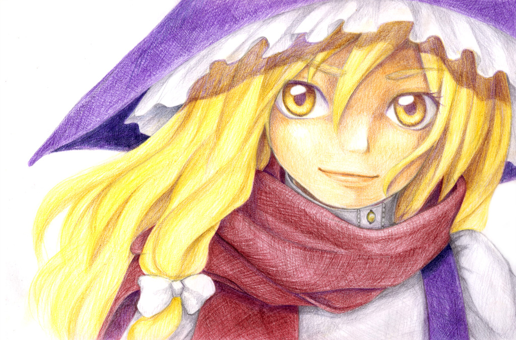 takt., kirisame marisa, perfect cherry blossom, touhou, bad id, bad pixiv id, traditional media, watercolor pencil (medium), 1girl, blonde hair, close-up, female focus, hat, red scarf, ribbon, scarf, solo, witch, witch hat, yellow eyes