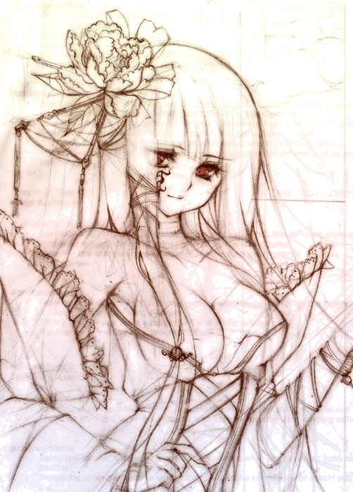 tagme, 1girl, breasts, female focus, japanese clothes, monochrome, sketch, solo