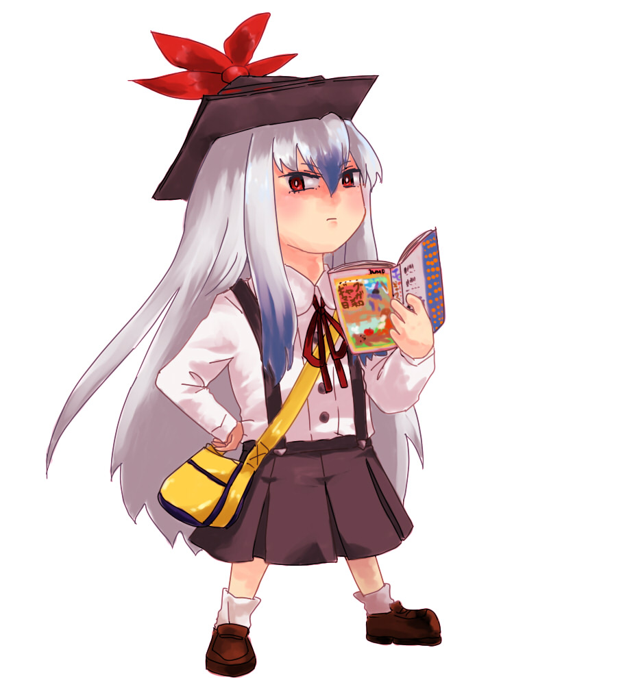 anko (pixiv251505), anko (ultimate zekkouchou), kamishirasawa keine, gag manga biyori, touhou, bad id, bad pixiv id, 1girl, aged down, bag, book, female focus, hat, kindergarten, long hair, red eyes, solo
