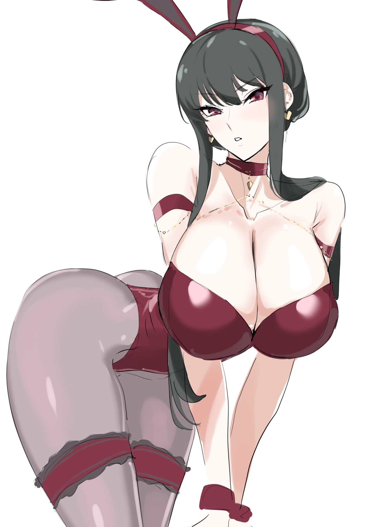 mogi yasunobu, yor briar, spy x family, highres, 1girl, bare shoulders, black hair, breasts, brown eyes, choker, cleavage, collarbone, earrings, jewelry, large breasts, leotard, long hair, looking at viewer, necklace, pantyhose, parted lips, playboy bunny, red leotard, sidelocks, solo, thigh strap, tsurime