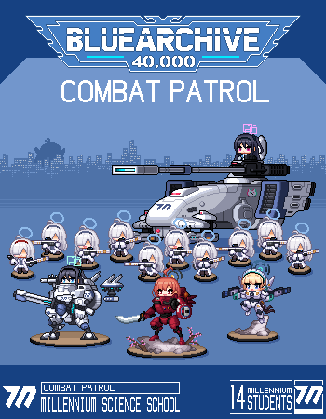 redforge, aris (blue archive), kei (blue archive), neru (blue archive), toki (blue archive), blue archive, warhammer 40k, highres, black hair, black halo, blonde hair, blue eyes, blue halo, commander farsight, halo, multiple girls, orange eyes, orange hair, pink eyes, pink halo