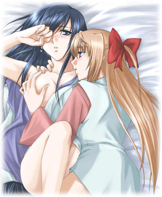 fervent idiot, himemiya chikane, kurusugawa himeko, kannazuki no miko, jpeg artifacts, 00s, 2girls, blonde hair, blue hair, half updo, long hair, lying, multiple girls, tears, yuri