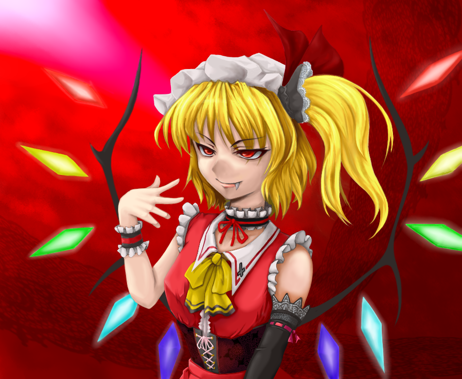kinokobakudan, flandre scarlet, touhou, 1girl, aged up, alternate costume, asymmetrical clothes, blonde hair, choker, corset, elbow gloves, fang, female focus, gloves, hat, one side up, ponytail, red eyes, ribbon, side ponytail, single elbow glove, single glove, solo, wings, wrist cuffs
