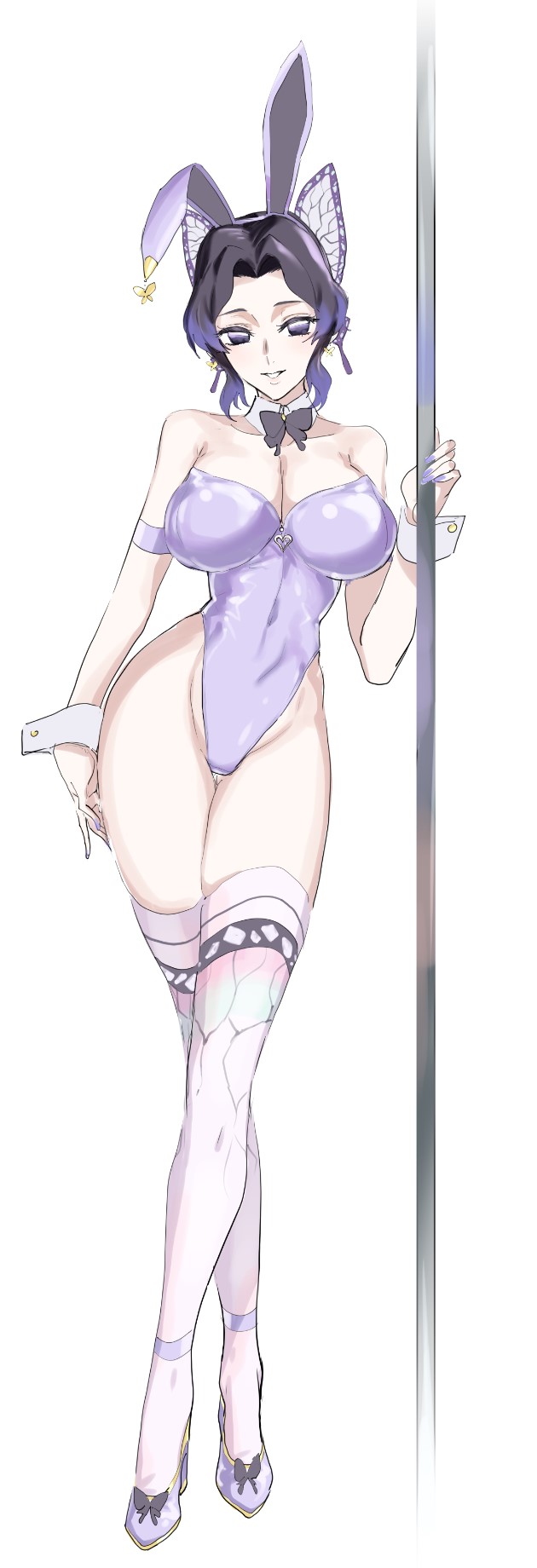 mogi yasunobu, kochou shinobu, kimetsu no yaiba, highres, 1girl, animal ears, bare shoulders, black bow, black bowtie, black hair, bow, bowtie, breasts, butterfly hair ornament, cleavage, collarbone, detached collar, earrings, fake animal ears, full body, gradient hair, groin, hair ornament, highleg, highleg leotard, jewelry, large breasts, leotard, looking at viewer, multicolored hair, parted bangs, parted lips, playboy bunny, pole, purple eyes, purple hair, purple leotard, purple shoes, purple thighhighs, rabbit ears, shoes, short hair, solo, stripper pole, thighhighs, thighs, wrist cuffs