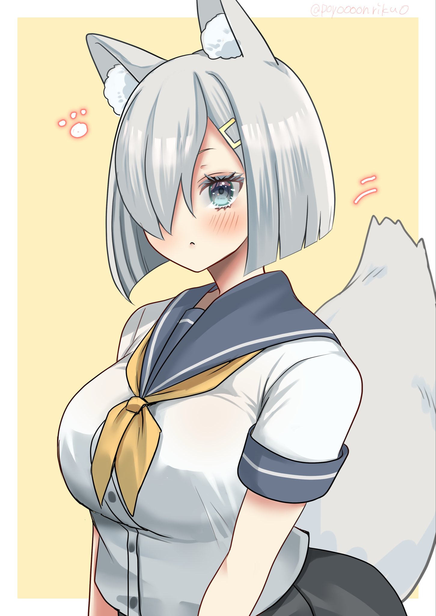 poyo teitoku, hamakaze (kancolle), kantai collection, highres, 1girl, animal ear fluff, animal ears, blue eyes, blue sailor collar, blush, breasts, fox ears, fox girl, fox tail, grey hair, grey skirt, hair ornament, hair over one eye, hairclip, large breasts, looking at viewer, neckerchief, pleated skirt, sailor collar, school uniform, short hair, short sleeves, skirt, solo, tail, upper body, white background, yellow background