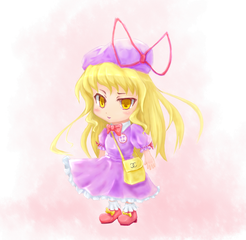 kinokobakudan, yakumo yukari, yakumo yukari (young), touhou, 1girl, aged down, bag, blonde hair, female focus, full body, gradient background, hat, kindergarten, long hair, name tag, ribbon, solo, white background