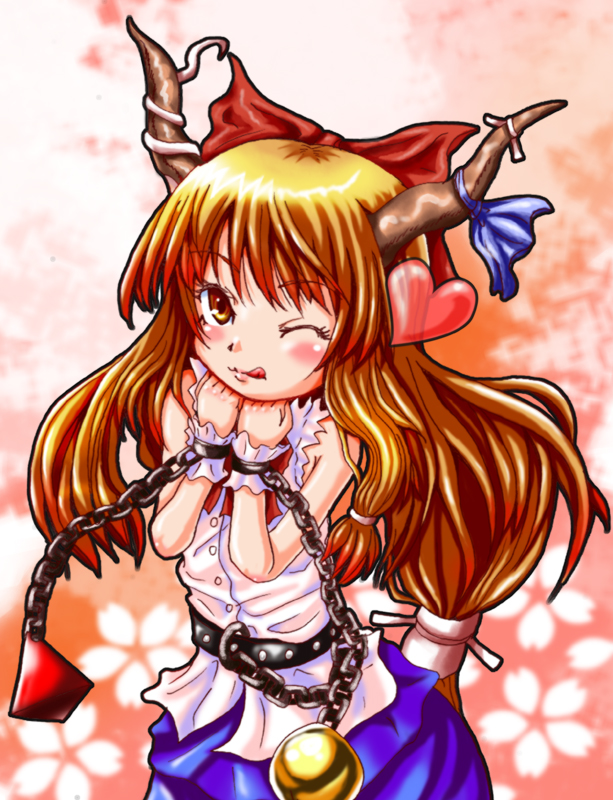 kakkodan, ibuki suika, touhou, 1girl, chain, female focus, heart, horns, long hair, orange hair, ribbon, solo, standing, tongue, wink, wrist cuffs