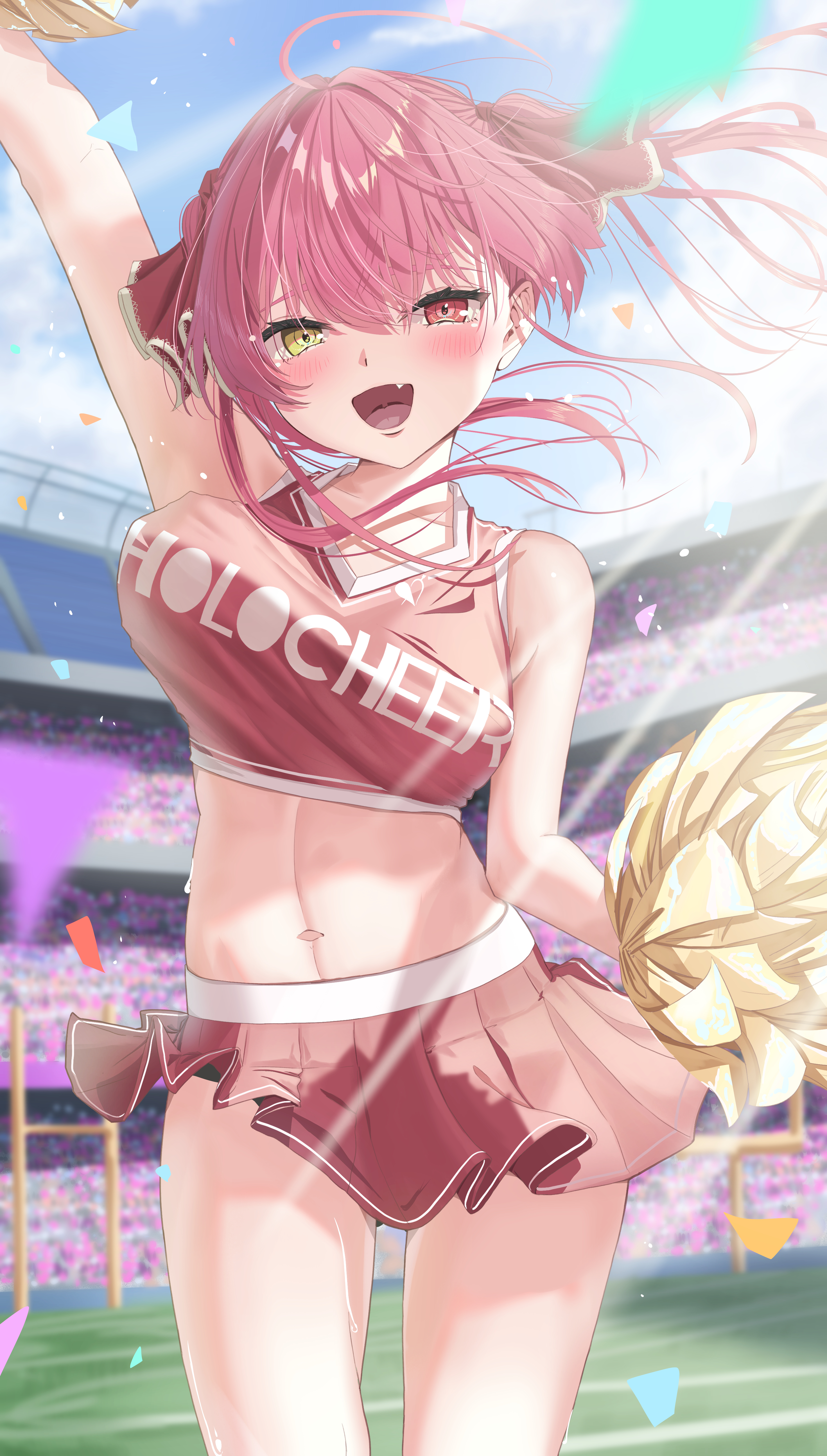 visitofsiki, houshou marine, hololive, absurdres, highres, 1girl, ahoge, blush, breasts, cheerleader, clothes writing, confetti, crop top, fang, hair ribbon, heterochromia, holding, holding pom poms, linea alba, long hair, navel, open mouth, pleated skirt, pom pom (cheerleading), pom poms, red eyes, red hair, red ribbon, red skirt, ribbon, skirt, sky, stadium, sweat, virtual youtuber, yellow eyes