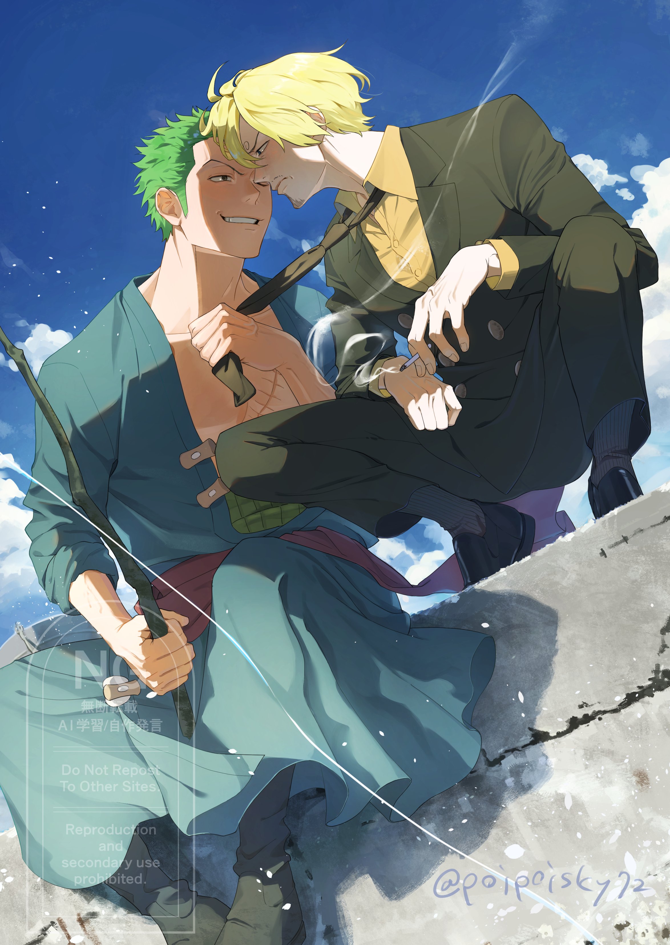 poipoisky72, roronoa zoro, sanji (one piece), one piece, absurdres, commentary request, highres, 2boys, black eyes, black jacket, black pants, blonde hair, blue kimono, blue sky, cigarette, closed mouth, clothes grab, cloud, collared shirt, facial hair, fishing rod, goatee stubble, green hair, grin, holding, holding fishing rod, jacket, japanese clothes, kimono, male focus, multiple boys, mustache stubble, necktie, necktie grab, neckwear grab, one eye closed, pants, shirt, short hair, sky, smile, smoking, socks, squatting, stitched torso, stitches, striped clothes, striped socks, stubble, yellow shirt