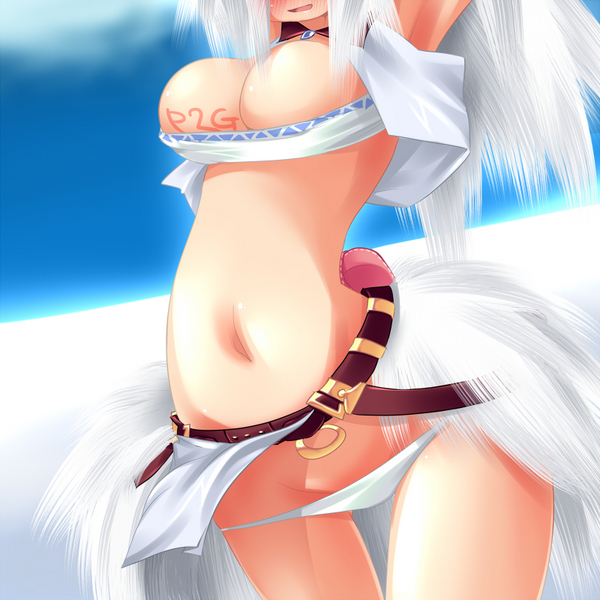 ootsuki ren, capcom, monster hunter (series), resized, 1girl, breasts, cleavage, kirin (armor), large breasts, lowleg, lowleg panties, midriff, panties, pixiv thumbnail, thigh gap, thighs, underwear, white hair