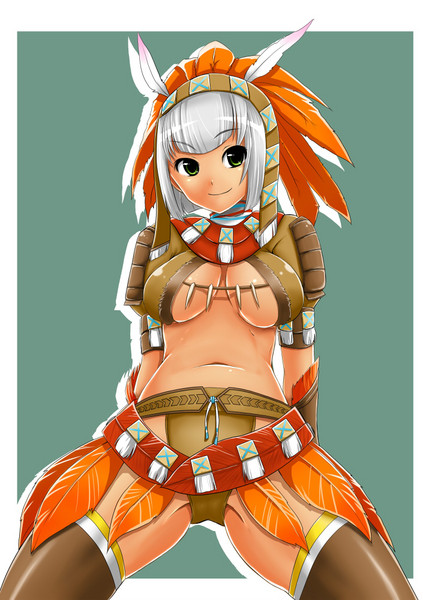 capcom, monster hunter (series), silver hair, 1girl, arm support, armor, arms behind back, belt, belt skirt, blunt bangs, bob cut, breasts, brown panties, brown thighhighs, crop top, elbow gloves, fangs, feathers, female focus, gloves, green eyes, hat, headdress, hypnocatrice (armor), large breasts, leather, looking at viewer, midriff, naughty face, navel, no bra, open clothes, open shirt, panties, reclining, shadow, shiny clothes, shirt, short hair, simple background, sitting, smile, solo, spread legs, thighhighs, underboob, underwear