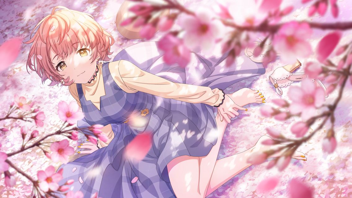 ikuta haruki, idolmaster, idolmaster shiny colors, game cg, official art, 1girl, brown hair, cherry blossoms, dress, feet, high heels, long sleeves, nail polish, shoes, sitting, solo, toes, unworn shoes, yellow eyes