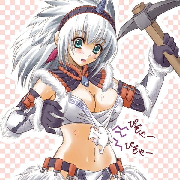 riolabo, khezu, khezu whelp, capcom, monster hunter (series), silver hair, 1girl, bite mark, blood, blush, breasts, cleavage, detached sleeves, elbow gloves, gameplay mechanics, gloves, green eyes, hairband, horns, kirin (armor), pickaxe, single horn, tank top