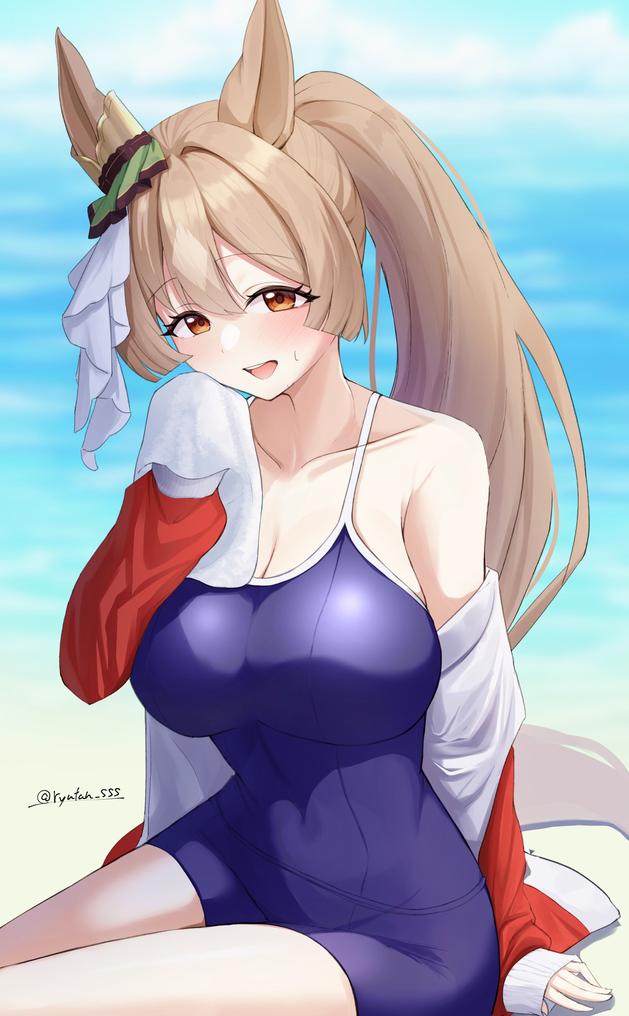 lryutanl, satono diamond (umamusume), umamusume, commentary request, highres, 1girl, animal ears, blue one-piece swimsuit, blush, breasts, brown eyes, brown hair, cleavage, collarbone, ear ornament, holding, holding towel, horse ears, horse girl, horse tail, jacket, large breasts, long hair, looking at viewer, one-piece swimsuit, open clothes, open jacket, open mouth, ponytail, red jacket, smile, solo, swimsuit, tail, thighs, towel, tracen swimsuit